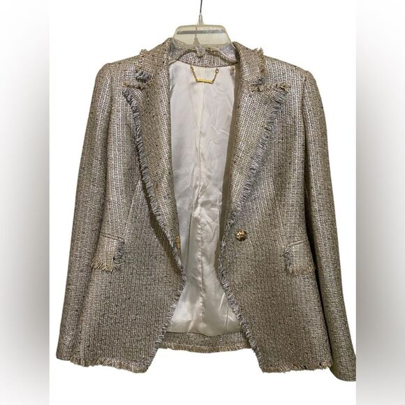 ELIE TAHARI Jezebel SZ 4 Tweed Jacket Beige Champagne Edge English Countryside - Picture 7 of 14